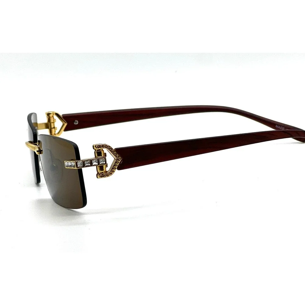Rimless Sunglasses Wood Grain Frame Gold Accents Brown Lens‎ Men Buffs Hip Hop